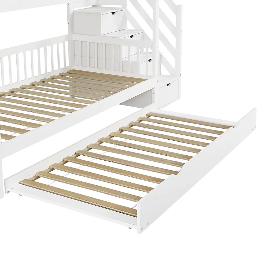Lit superposé avec lit roulant, sécurité, échelle, cadre bois, 90x200,190cm, blanc>Fortuna lai Best