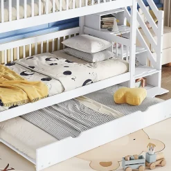 Lit superposé avec lit roulant, sécurité, échelle, cadre bois, 90x200,190cm, blanc><noscript><img width=