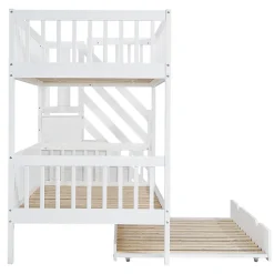 Lit superposé avec lit roulant, sécurité, échelle, cadre bois, 90x200,190cm, blanc><noscript><img width=