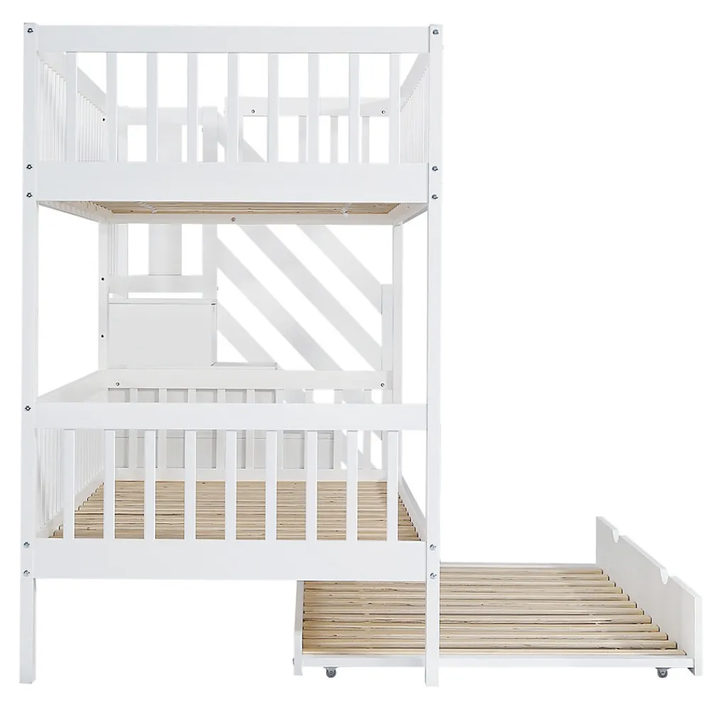 Lit superposé avec lit roulant, sécurité, échelle, cadre bois, 90x200,190cm, blanc>Fortuna lai Best