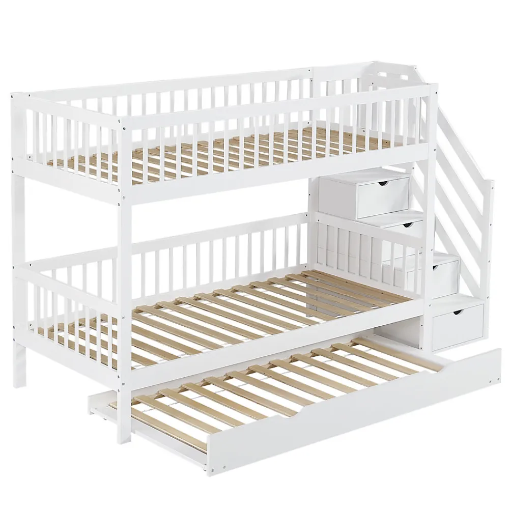 Lit superposé avec lit roulant, sécurité, échelle, cadre bois, 90x200,190cm, blanc>Fortuna lai Best