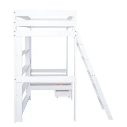 Lit superposé avec étagères et canapé, 1 tiroir, échelle inclinée 5 marches, cadre massif bois blanc, 90x200 cm><noscript><img width=
