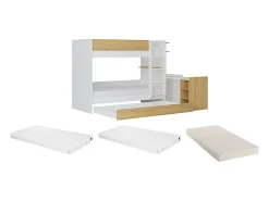 Lit superposé avec tiroir lit gigogne et 2 bureaux 3 x 90 x 190 cm - Coloris : Blanc et naturel + Matelas - DOMATI>Vente-unique Discount