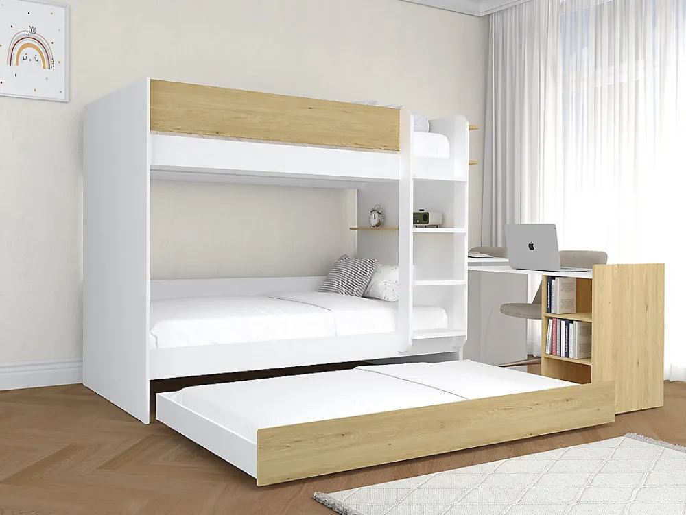 Lit superposé avec tiroir lit gigogne et 2 bureaux 3 x 90 x 190 cm - Coloris : Blanc et naturel + Matelas - DOMATI>Vente-unique Discount