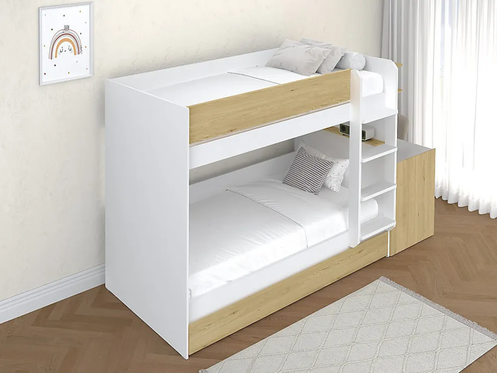 Lit superposé avec tiroir lit gigogne et 2 bureaux 3 x 90 x 190 cm - Coloris : Blanc et naturel + Matelas - DOMATI>Vente-unique Discount