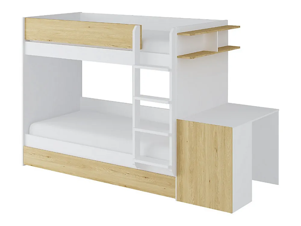 Lit superposé avec tiroir lit gigogne et 2 bureaux 3 x 90 x 190 cm - Coloris : Blanc et naturel + Matelas - DOMATI>Vente-unique Discount