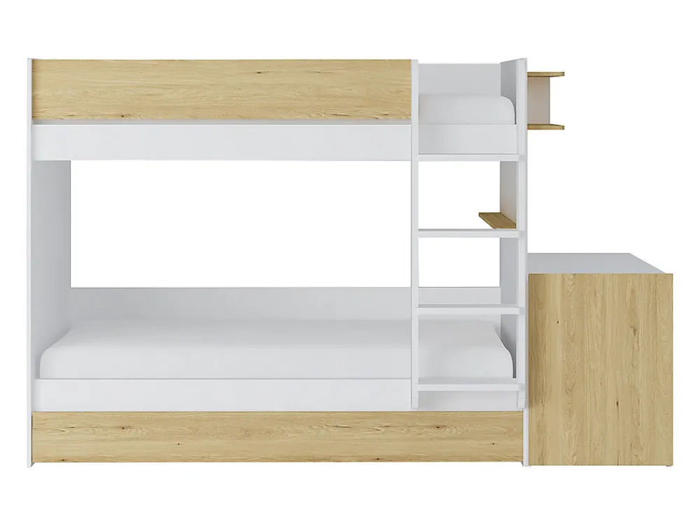 Lit superposé avec tiroir lit gigogne et 2 bureaux 3 x 90 x 190 cm - Coloris : Blanc et naturel + Matelas - DOMATI>Vente-unique Discount