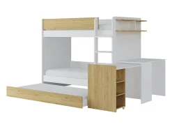 Lit superposé avec tiroir lit gigogne et 2 bureaux 3 x 90 x 190 cm - Coloris : Blanc et naturel + Matelas - DOMATI><noscript><img width=