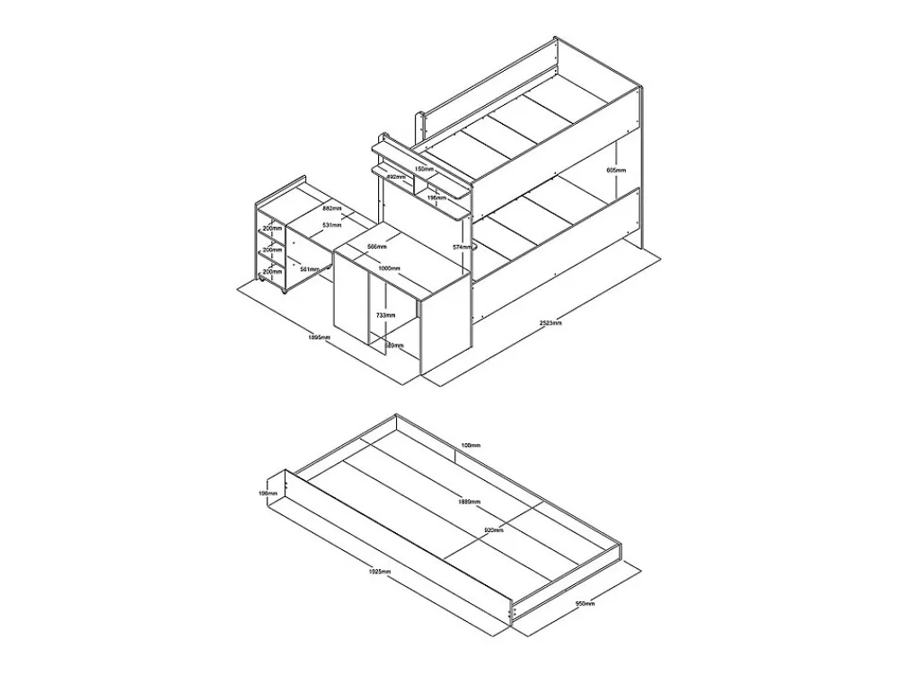 Lit superposé avec tiroir lit gigogne et 2 bureaux 3 x 90 x 190 cm - Coloris : Blanc et naturel + Matelas - DOMATI>Vente-unique Discount
