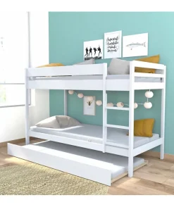 Weber Lit superposé avec tiroir lit - 3 x 90 x 190 cm - Bois Pin massif - Blanc - Sommiers inclus - WALLY*Enfant Lit Enfant