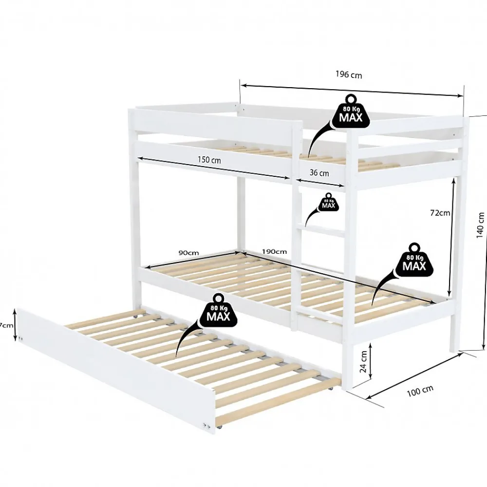 Weber Lit superposé avec tiroir lit - 3 x 90 x 190 cm - Bois Pin massif - Blanc - Sommiers inclus - WALLY*Enfant Lit Enfant
