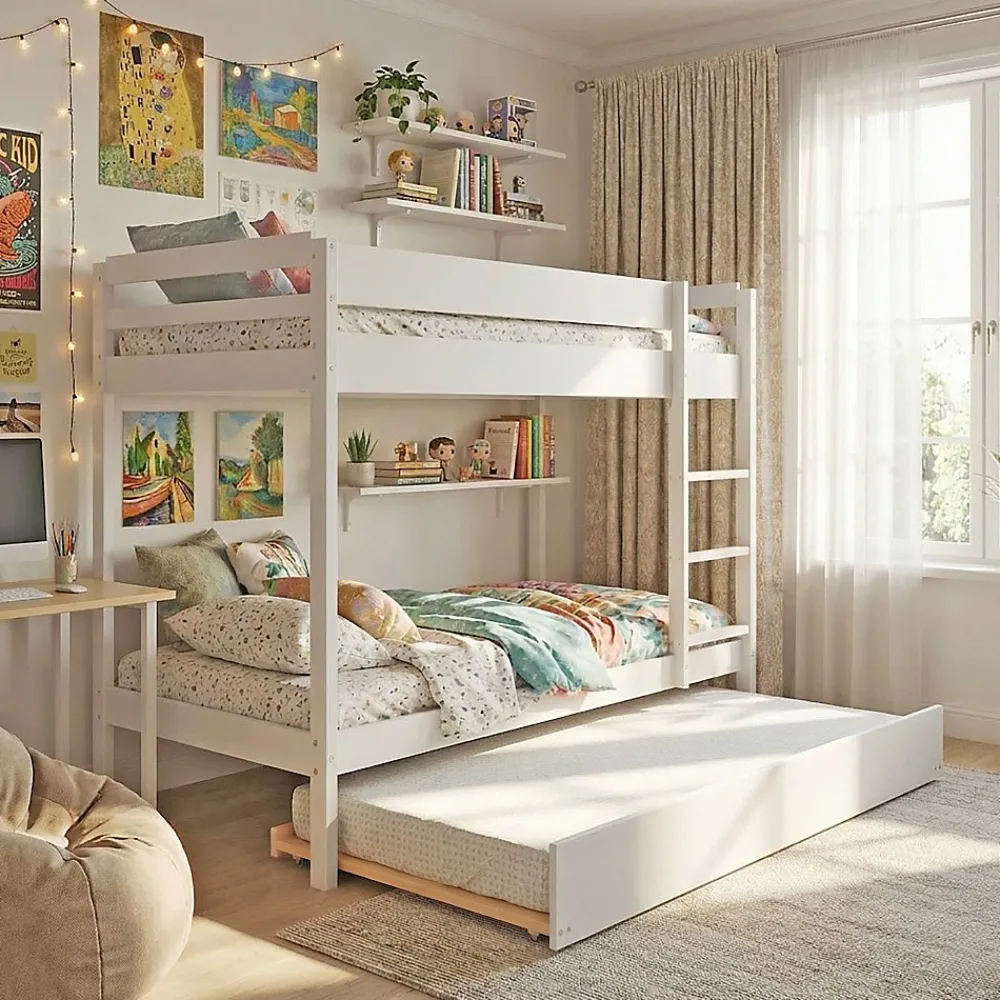 Weber Lit superposé avec tiroir lit - 3 x 90 x 190 cm - Bois Pin massif - Blanc - Sommiers inclus - WALLY*Enfant Lit Enfant