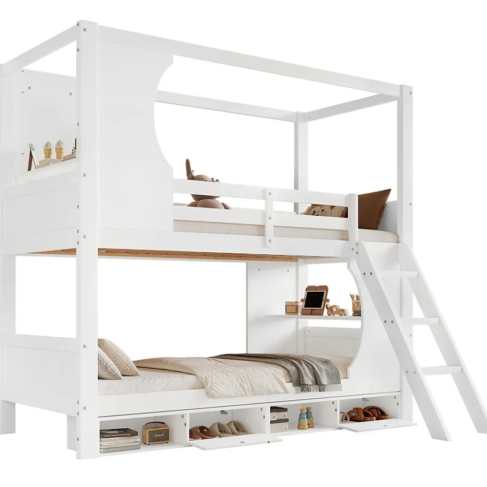 Lit superposé barrières sécurité bureau intégré meuble chaussures 4 compartiments échelle 3 niveaux pin MDF blanc 90x200>Redom Outlet