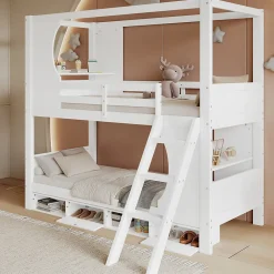 Lit superposé barrières sécurité bureau intégré meuble chaussures 4 compartiments échelle 3 niveaux pin MDF blanc 90x200>Redom Outlet