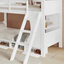 Lit superposé barrières sécurité bureau intégré meuble chaussures 4 compartiments échelle 3 niveaux pin MDF blanc 90x200><noscript><img width=
