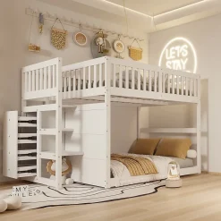 ProximaX Lit superposé bas Lit enfant 140 x 200 cm en bois avec compartiments de rangement ouverts et clôture, blanc*Enfant Lit Enfant