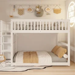 ProximaX Lit superposé bas Lit enfant 140 x 200 cm en bois avec compartiments de rangement ouverts et clôture, blanc*Enfant Lit Enfant