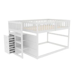 ProximaX Lit superposé bas Lit enfant 140 x 200 cm en bois avec compartiments de rangement ouverts et clôture, blanc*Enfant Lit Enfant