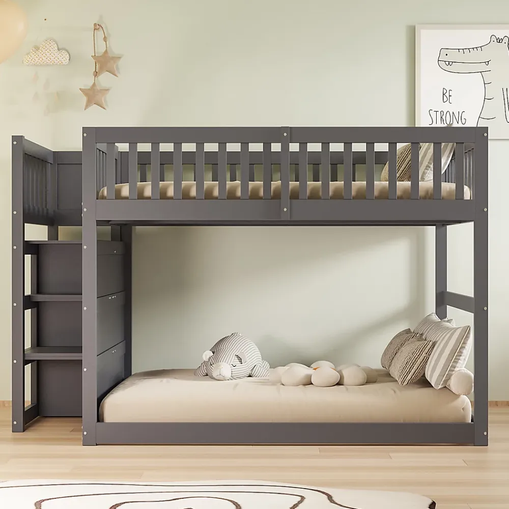 ProximaX Lit superposé bas Lit enfant 140 x 200 cm en bois avec compartiments de rangement ouverts et clôture, gris*Enfant Lit Enfant