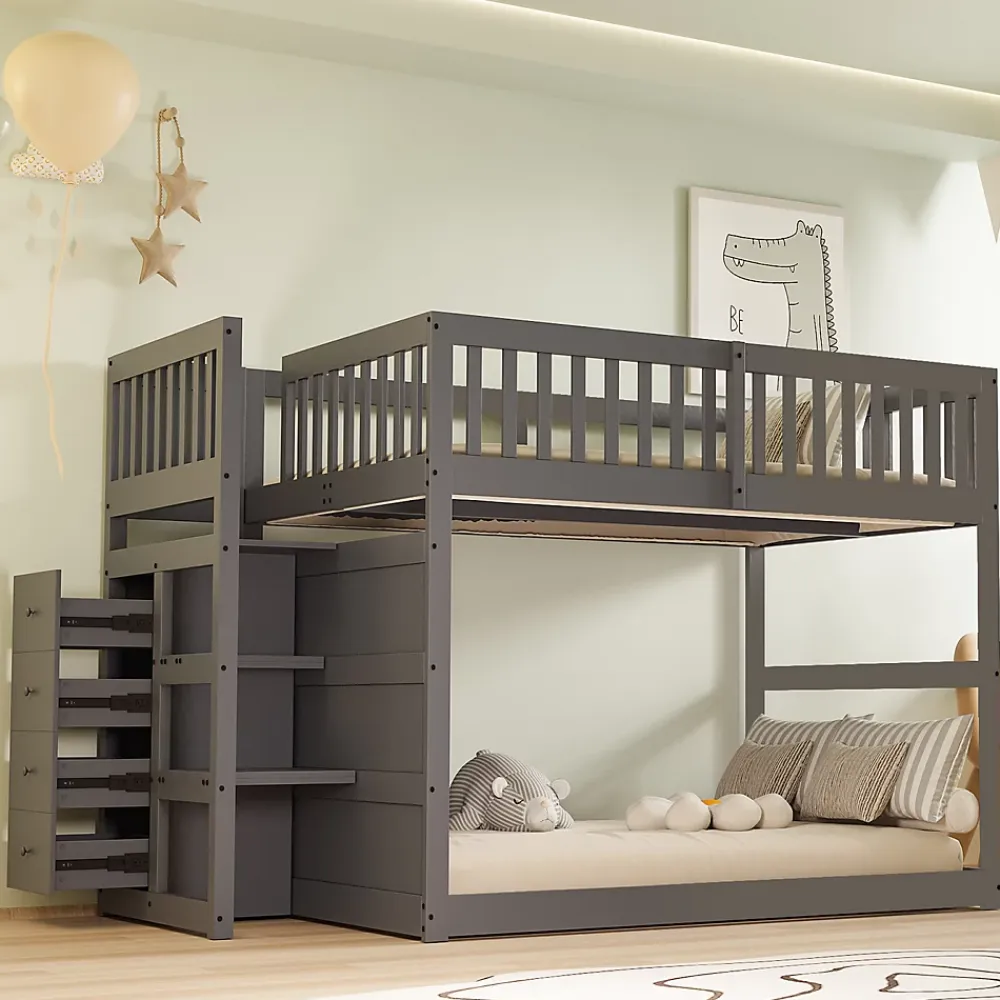 ProximaX Lit superposé bas Lit enfant 140 x 200 cm en bois avec compartiments de rangement ouverts et clôture, gris*Enfant Lit Enfant