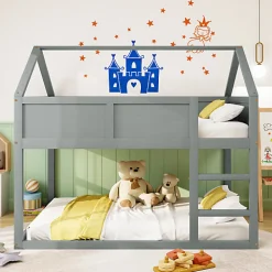 Lit superposé bas 90x200 cm en bois massif avec échelle pour enfant coloris gris>Aapaas Best