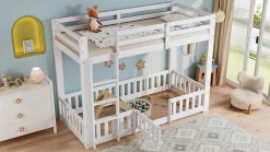 Lit superposé bois pin LVL escalier droit rambarde porte protection anti-chute espace modulable sous lit blanc 90x200cm><noscript><img width=