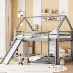 Lit superposé cabane 140x200 cm gris avec toboggan et échelle, design ludique et moderne pour chambre>ProximaX Sale