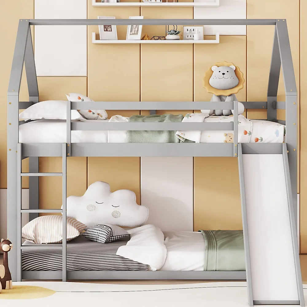 Lit superposé cabane 140x200 cm gris avec toboggan et échelle, design ludique et moderne pour chambre>ProximaX Sale