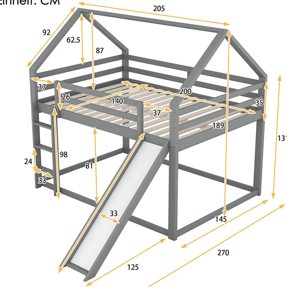 Lit superposé cabane 140x200 cm gris avec toboggan et échelle, design ludique et moderne pour chambre>ProximaX Sale