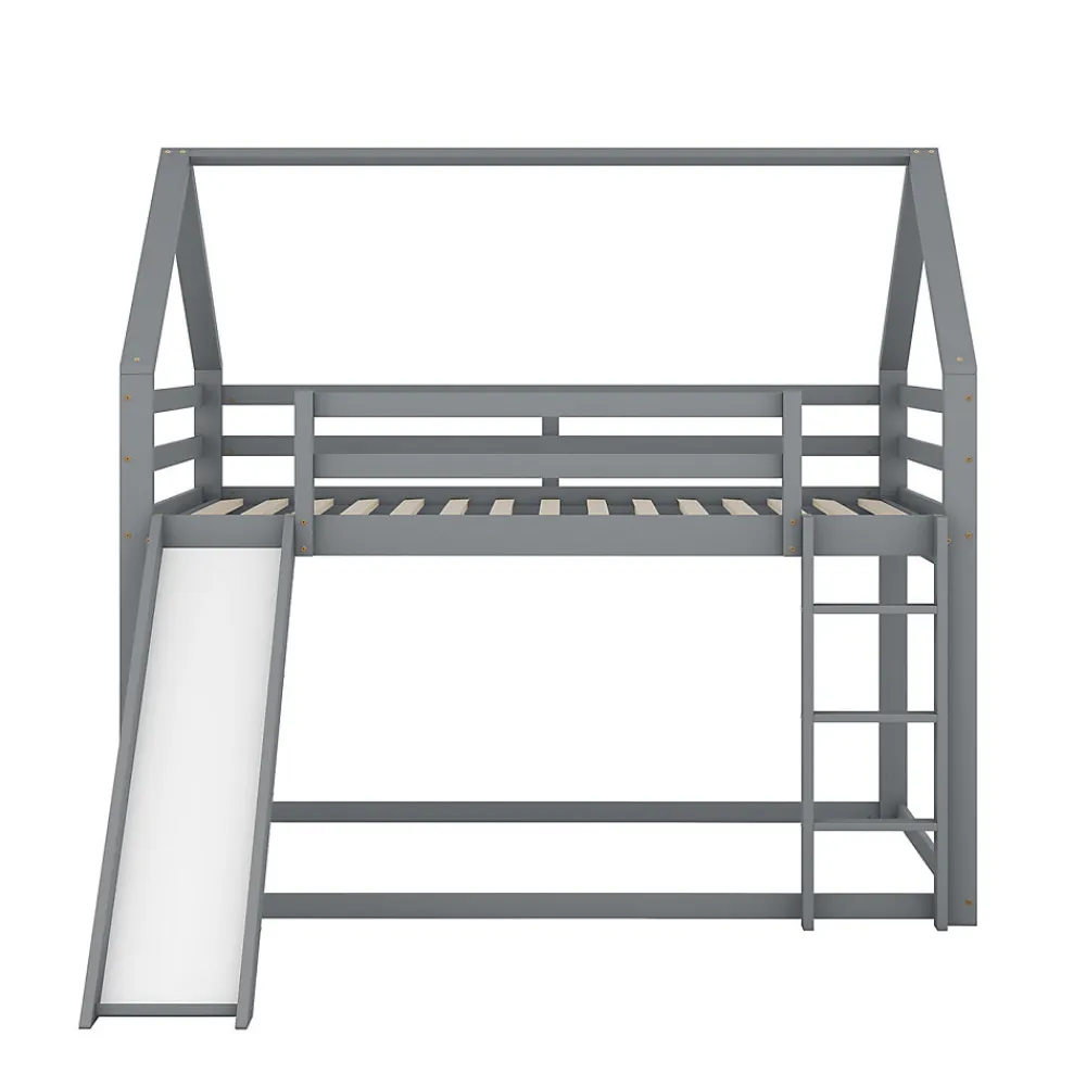 Lit superposé cabane 140x200 cm gris avec toboggan et échelle, design ludique et moderne pour chambre>ProximaX Sale