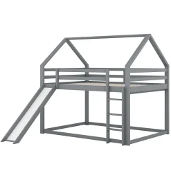 Lit superposé cabane 140x200 cm gris avec toboggan et échelle, design ludique et moderne pour chambre><noscript><img width=