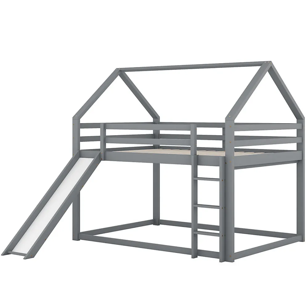 Lit superposé cabane 140x200 cm gris avec toboggan et échelle, design ludique et moderne pour chambre>ProximaX Sale