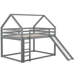 Lit superposé cabane 140x200 cm gris avec toboggan et échelle, design ludique et moderne pour chambre><noscript><img width=