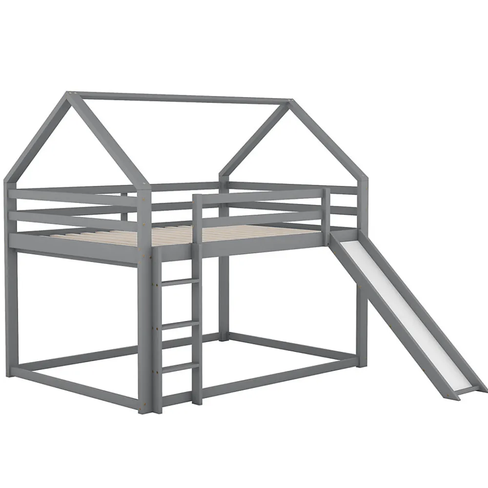 Lit superposé cabane 140x200 cm gris avec toboggan et échelle, design ludique et moderne pour chambre>ProximaX Sale