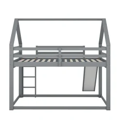 Lit superposé cabane 140x200 cm gris avec toboggan et échelle, design ludique et moderne pour chambre><noscript><img width=