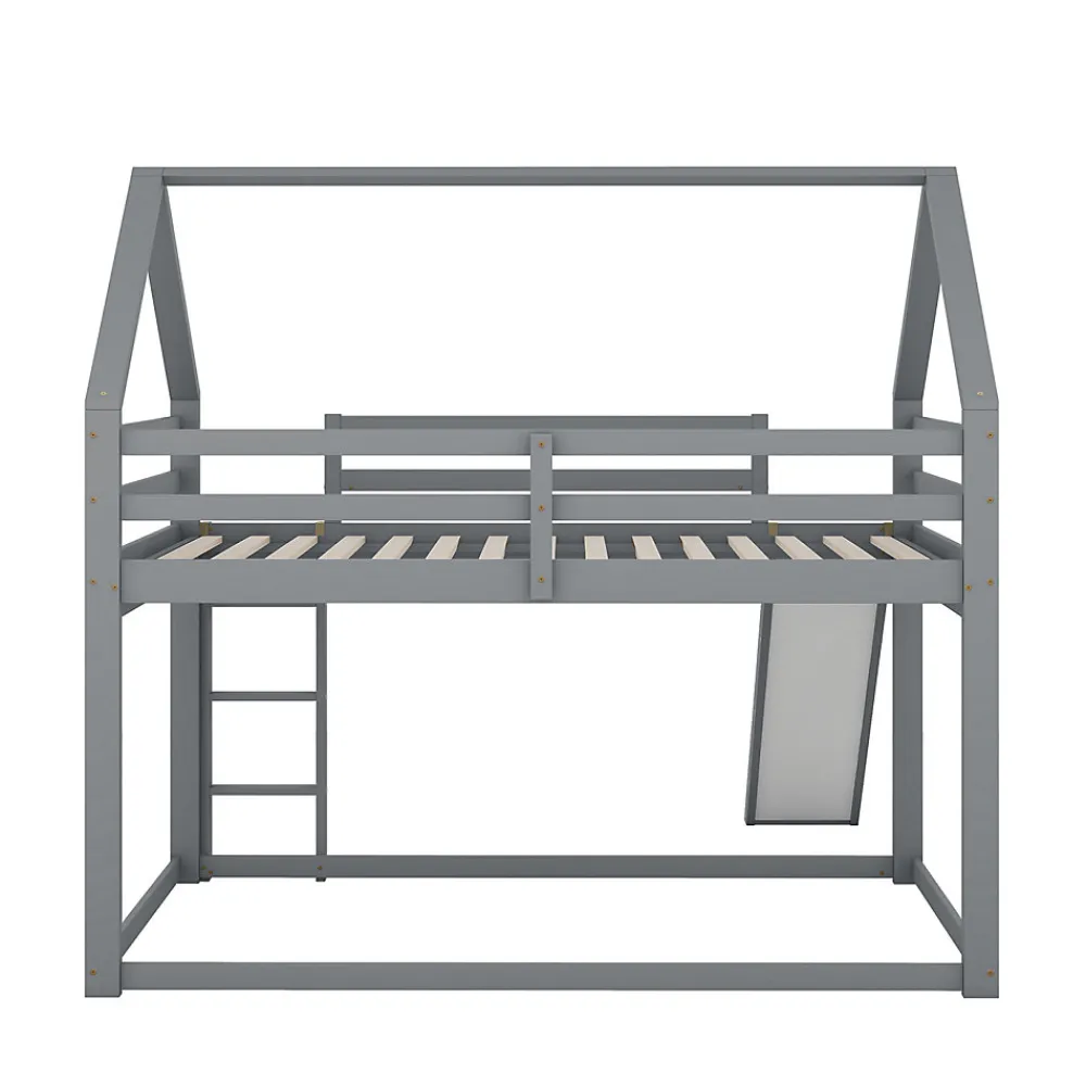 Lit superposé cabane 140x200 cm gris avec toboggan et échelle, design ludique et moderne pour chambre>ProximaX Sale