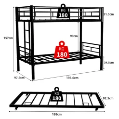 Lit Superposé Convertible 90x190 cm - Lit Enfant avec Échelle et Garde-Corps Silencieux , Fer - Sans Matelas - Noir><noscript><img width=
