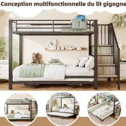 Seyakany Lit superposé en fer 90 x 200 cm et 180 x 200 cm, lit gigogne multifonctionnel, sac en tissu, escaliers de rangement, noir*Enfant Lit Enfant
