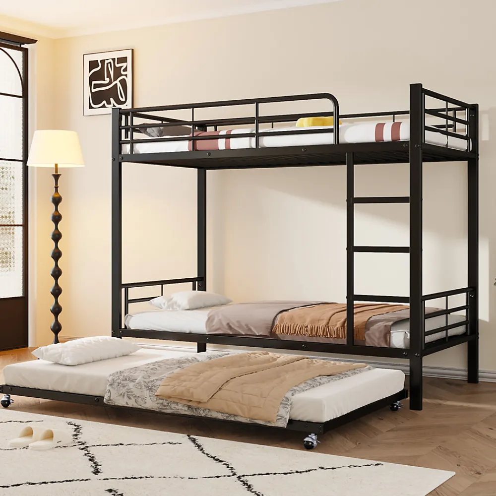 Lit superposé en métal, adapté enfants et ados, avec lit gigogne, 4 barrières, noir, 90x200cm, 90x190cm>Simple Life Discount