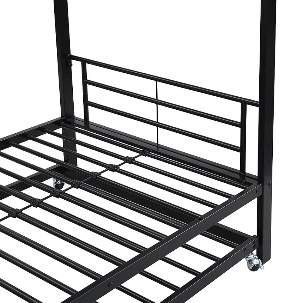 Lit superposé en métal, adapté enfants et ados, avec lit gigogne, 4 barrières, noir, 90x200cm, 90x190cm>Simple Life Discount