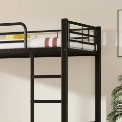 Lit superposé en métal, adapté enfants et ados, avec lit gigogne, 4 barrières, noir, 90x200cm, 90x190cm><noscript><img width=