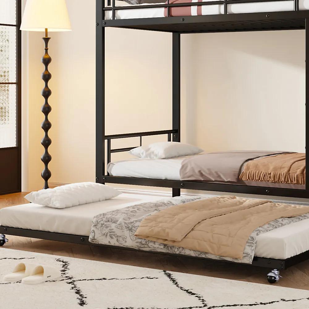 Lit superposé en métal, adapté enfants et ados, avec lit gigogne, 4 barrières, noir, 90x200cm, 90x190cm>Simple Life Discount