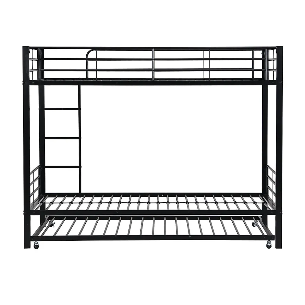 Lit superposé en métal, adapté enfants et ados, avec lit gigogne, 4 barrières, noir, 90x200cm, 90x190cm>Simple Life Discount