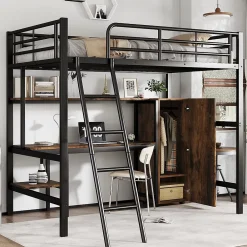 Simple Life Lit superposé en métal avec bureau et armoire, étagères, échelle 4 marches, noir, 90x200cm*Enfant Lit Enfant