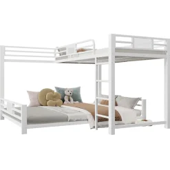 ModernLuxe Lit superposé en métal en forme de L - 90x200cm + 140x200 cm - Barrières de sécurité et échelle - Métal - Blanc (sans matelas)*Enfant Lit Enfant
