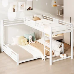 ModernLuxe Lit superposé en métal en forme de L - 90x200cm + 140x200 cm - Barrières de sécurité et échelle - Métal - Blanc (sans matelas)*Enfant Lit Enfant