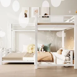 ModernLuxe Lit superposé en métal en forme de L - 90x200cm + 140x200 cm - Barrières de sécurité et échelle - Métal - Blanc (sans matelas)*Enfant Lit Enfant