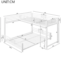 ModernLuxe Lit superposé en métal en forme de L - 90x200cm + 140x200 cm - Barrières de sécurité et échelle - Métal - Blanc (sans matelas)*Enfant Lit Enfant