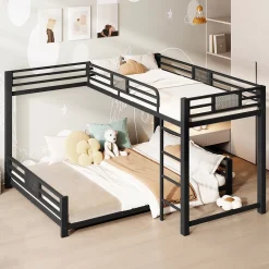 Lit superposé en métal en forme de L - 90x200cm + 140x200 cm - Barrières de sécurité et échelle - Métal - Noir (sans matelas)>ModernLuxe Hot