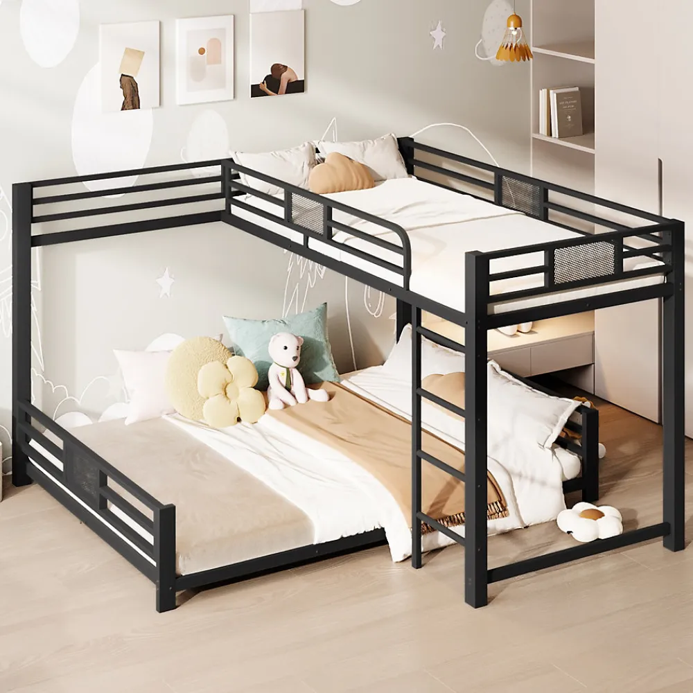 Lit superposé en métal en forme de L - 90x200cm + 140x200 cm - Barrières de sécurité et échelle - Métal - Noir (sans matelas)>ModernLuxe Hot
